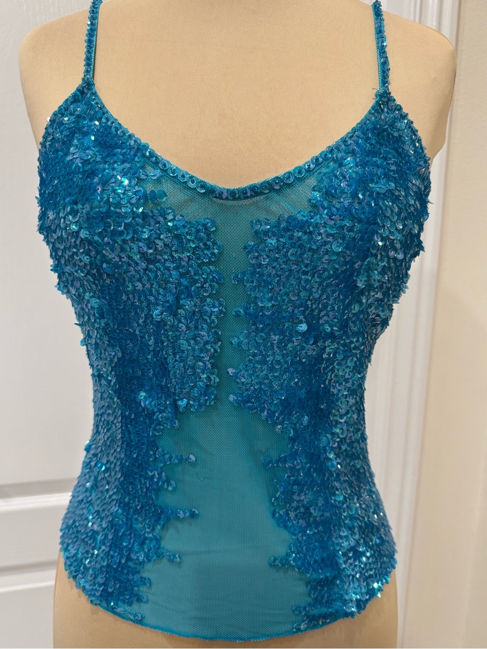 Turquoise Blue hand beaded Sequin Mesh Cami Top stretch fabric, NWT. Size M.